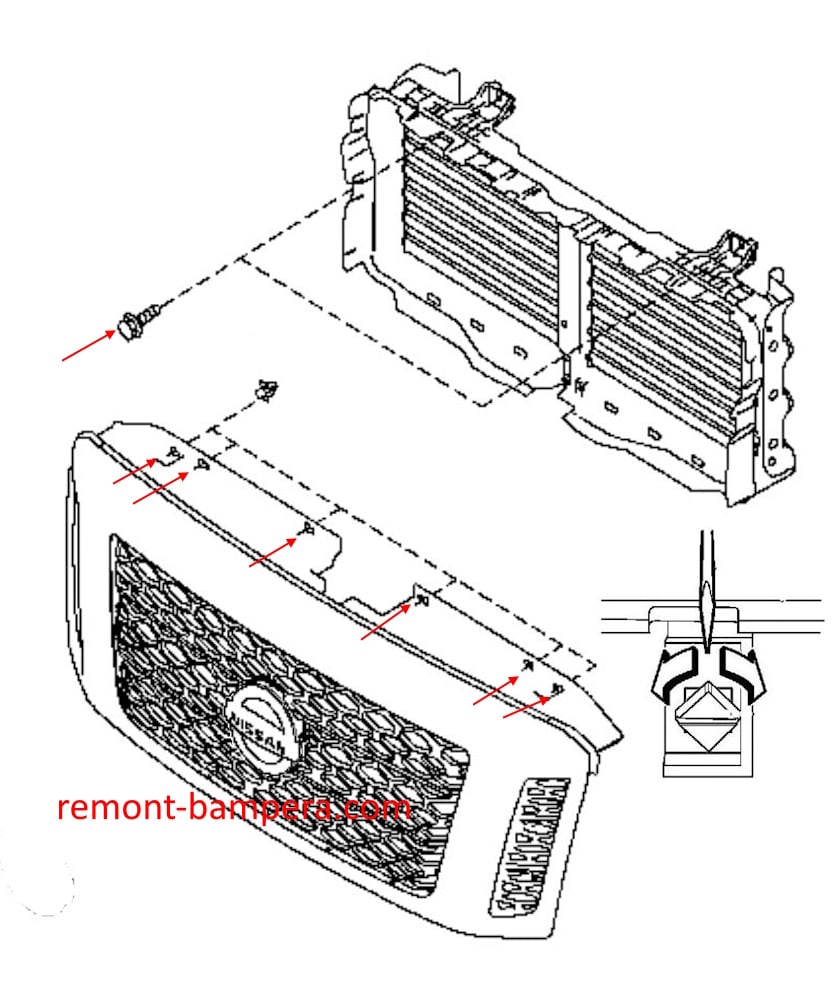 Schéma de montage de la calandre du Nissan Titan II (2015-2024)