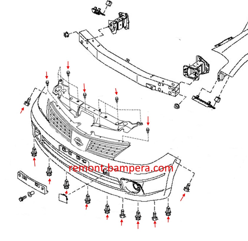 Montagediagramm der vorderen Stoßstange des Nissan Versa I (2006–2012)