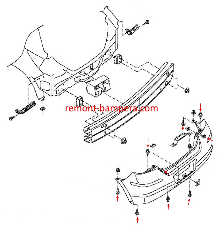 Montagediagramm der hinteren Stoßstange für Nissan Versa I (2006-2012)