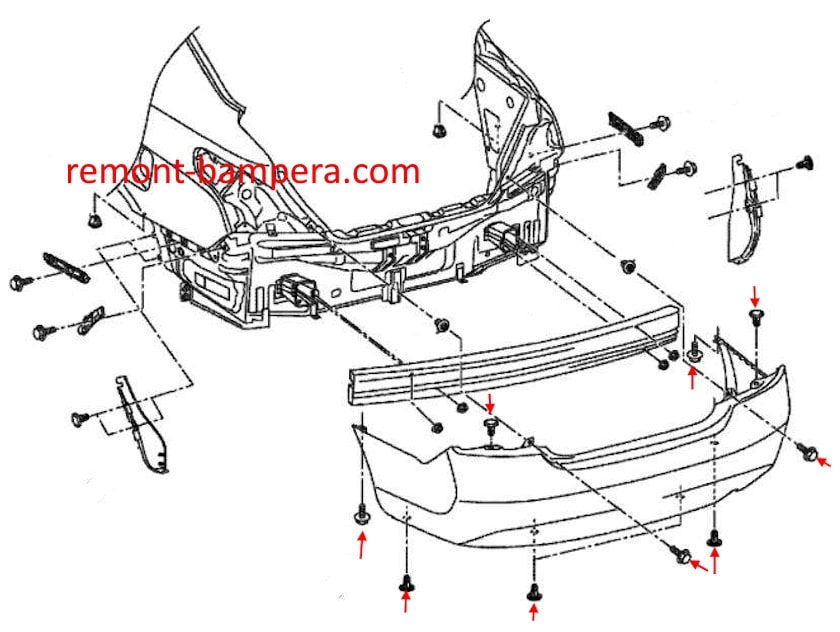 Схема крепления заднего бампера Nissan Versa II (2012-2019) 