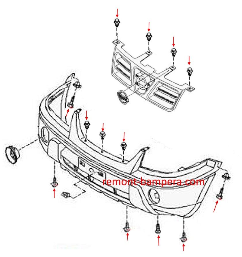 Схема крепления переднего бампера Nissan X-Trail I T30 (2000-2007) 