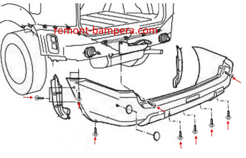 Схема крепления заднего бампера Nissan X-Trail I T30 (2000-2007) 