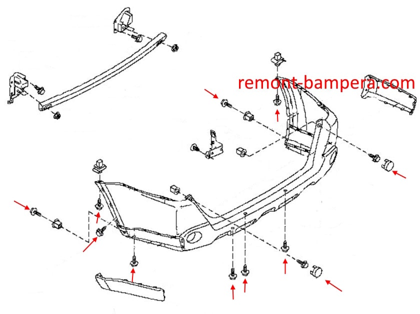 Схема крепления заднего бампера Nissan X-Trail II T31 (2007-2014) 