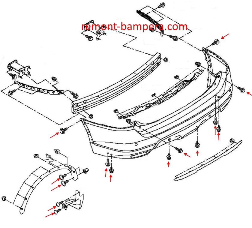 Schéma de montage du pare-chocs arrière pour Nissan X-Trail III T32 (2013-2022)