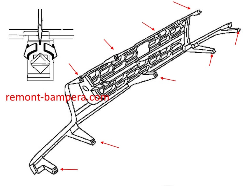 Схема крепления решетки радиатора Nissan Xterra I (1999-2004)