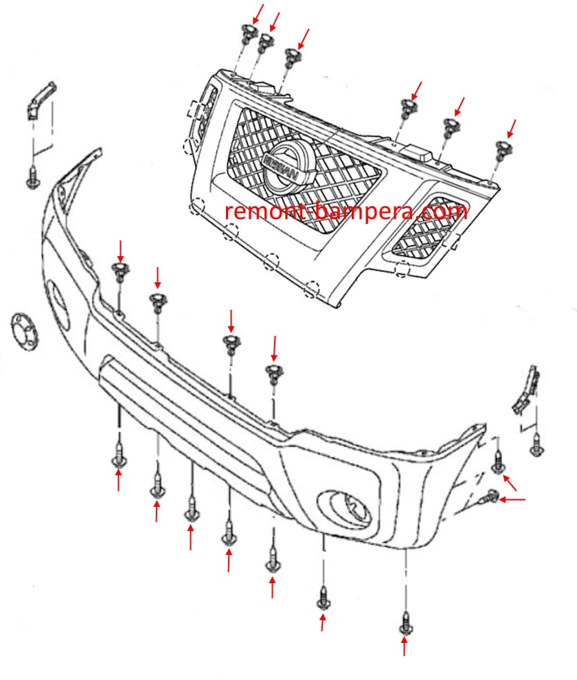 Схема крепления переднего бампера Nissan Xterra II (2005-2015) 