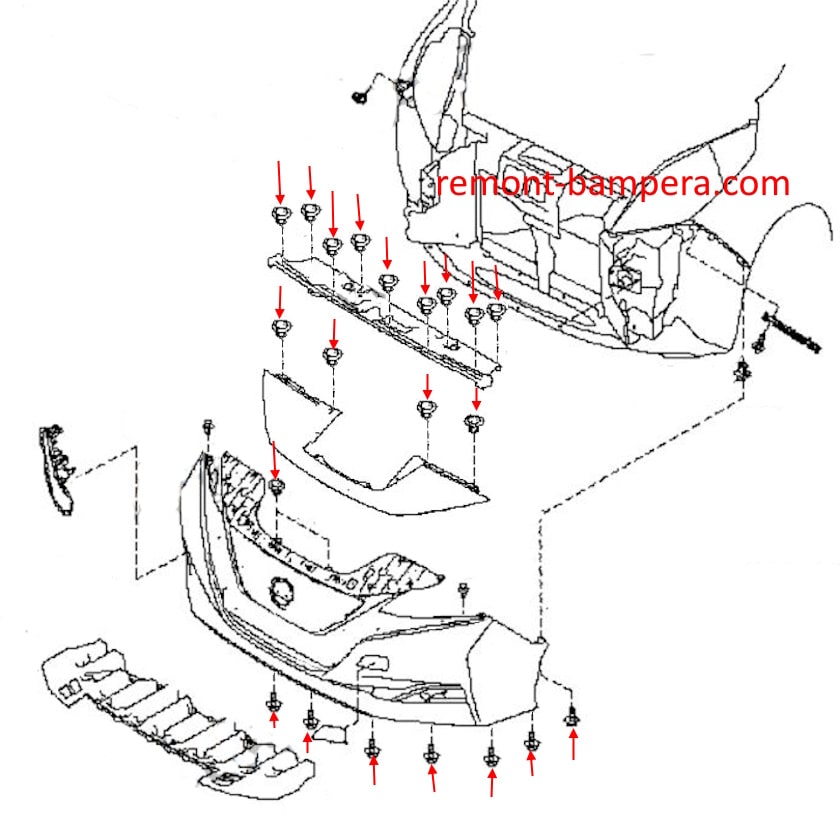 Schéma de montage du pare-chocs avant Nissan Leaf II (ZE1) (2017-2023)