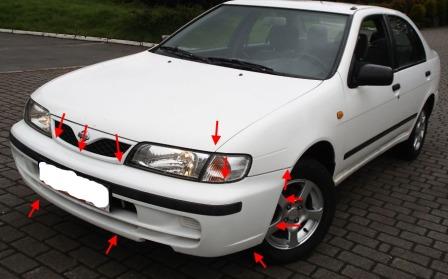 Befestigungspunkte der vorderen Stoßstange Nissan Almera N15 (1995-2000)