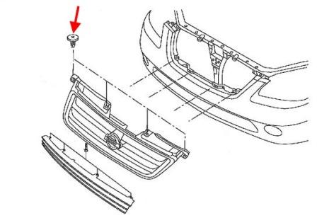 схема крепления решетки радиатора Nissan Altima III (L31) (2001-2006)
