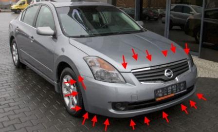 места крепления переднего бампера Nissan Altima L32 (D32) (2006-2013)