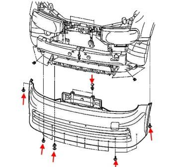 схема крепления переднего бампера Nissan Cube