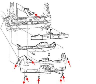 схема крепления заднего бампера Nissan Cube