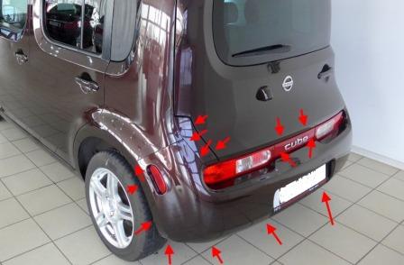 места крепления заднего бампера Nissan Cube