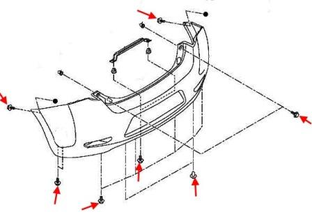 схема крепления заднего бампера Nissan Leaf I (ZE0/AZE0) (2010-2017)