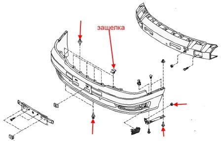 Esquema de montaje del parachoques delantero Nissan Maxima A32 (1994-2000)