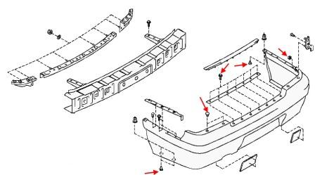 esquema de montaje del parachoques trasero Nissan Maxima A32 (1994-2000)