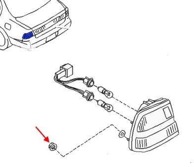 esquema de montaje de la luz trasera Nissan Maxima A32 (1994-2000)