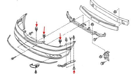 схема крепления переднего бампера Nissan Maxima A33 (2000-2006)