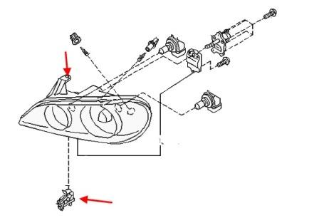 схема крепления фары Nissan Maxima A33 (2000-2006)