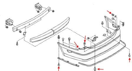 схема крепления заднего бампера Nissan Maxima A33 (2000-2006)