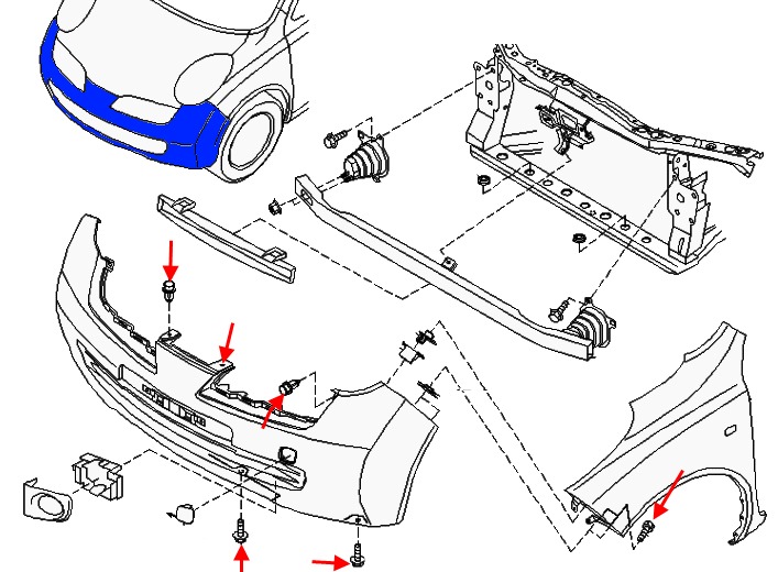 схема крепления переднего бампера Nissan Micra k12 (2002-2010)