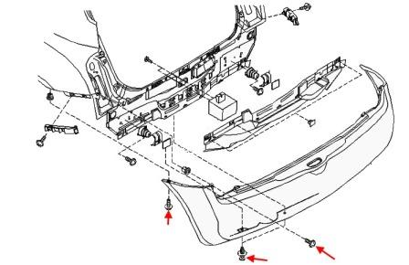 схема крепления заднего бампера Nissan Micra k12 (2002-2010)