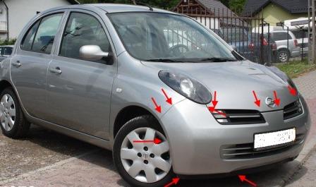 места крепления переднего бампера Nissan Micra k12 (2002-2010)