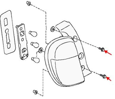 schéma de montage des feux arrière Nissan Micra k13 (après 2010)