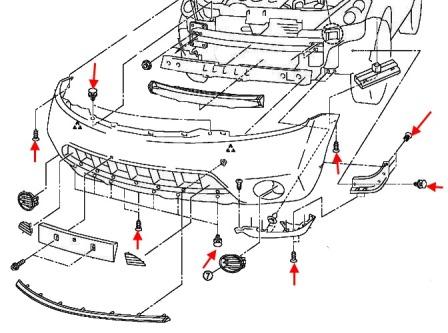 схема крепления переднего бампера Nissan Murano Z50 (2002-2008)