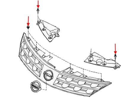 схема крепления решетки радиатора Nissan Murano Z50 (2002-2008)