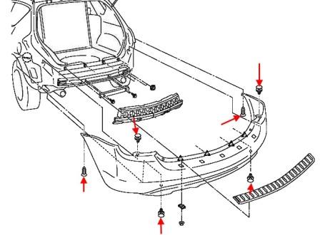 схема крепления заднего бампера Nissan Murano Z50 (2002-2008)