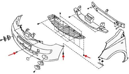 схема крепления переднего бампера Nissan Note E11 (2005-2013)