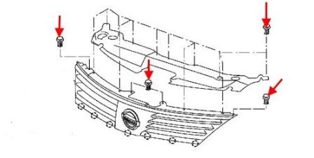 схема крепления решетки радиатора Nissan Note E11 (2005-2013)