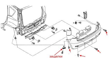 схема крепления заднего бампера Nissan Note E11 (2005-2013)
