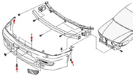 схема крепления переднего бампера Nissan Primera P11 (1996-2002)