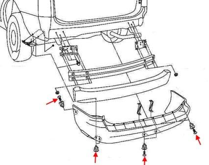 схема крепления заднего бампера Nissan Quest V41 (1998-2003)