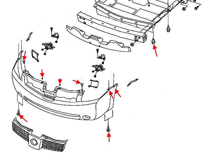 схема крепления переднего бампера Nissan Quest V42 (2003-2009)