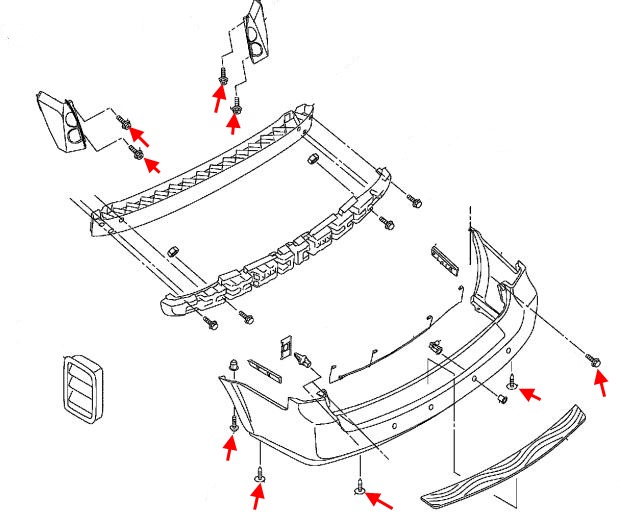 схема крепления заднего бампера Nissan Quest V42 (2003-2009)