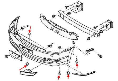 схема крепления переднего бампера Nissan Teana J31 (2003-2008)