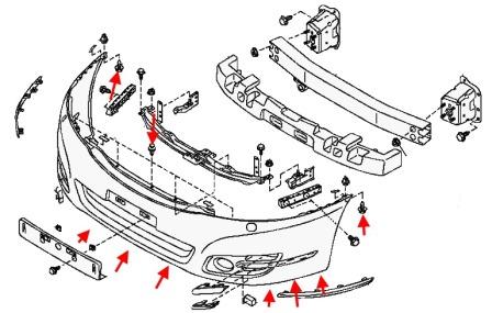 схема крепления переднего бампера Nissan Teana J32 (2008-2013)