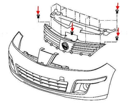 схема крепления решетки радиатора Nissan Tiida C11 (2004-2014)