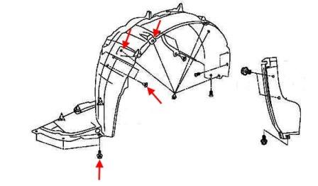 схема крепления переднего подкрылка Nissan Tiida C11 (2004-2014)