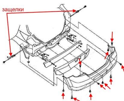 схема крепления заднего бампера Nissan Tiida C11 (2004-2014)