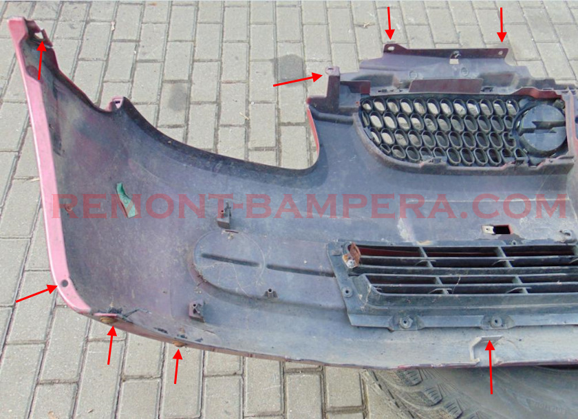 Opel Agila A (2000–2007) front bumper mounting locations