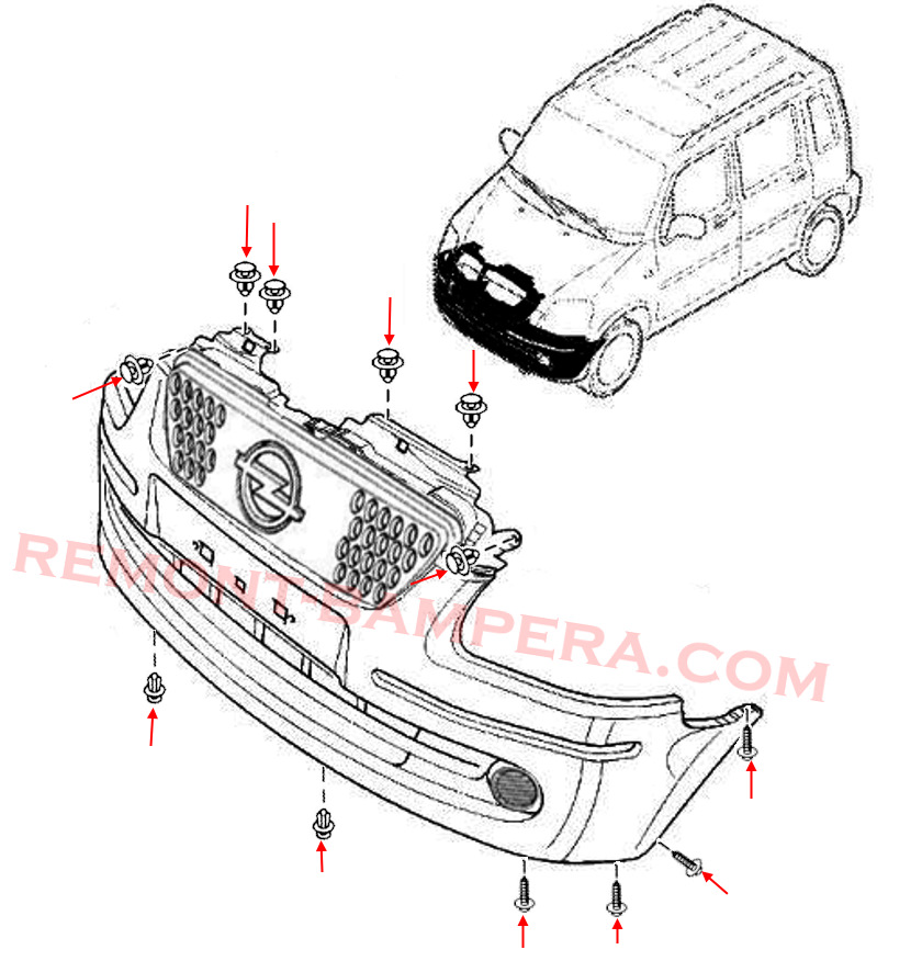 Front bumper mounting diagram Opel Agila A (2000–2007)