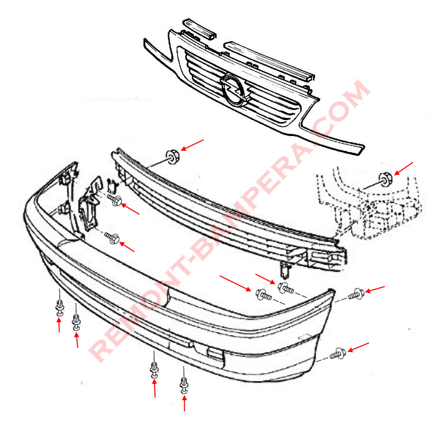 Front bumper mounting diagram Opel Astra F (1991–2002)