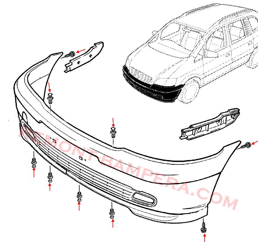 Front bumper mounting diagram Opel Astra G (1998–2004)