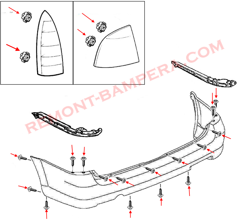 Rear bumper mounting diagram Opel Astra G (1998–2004)