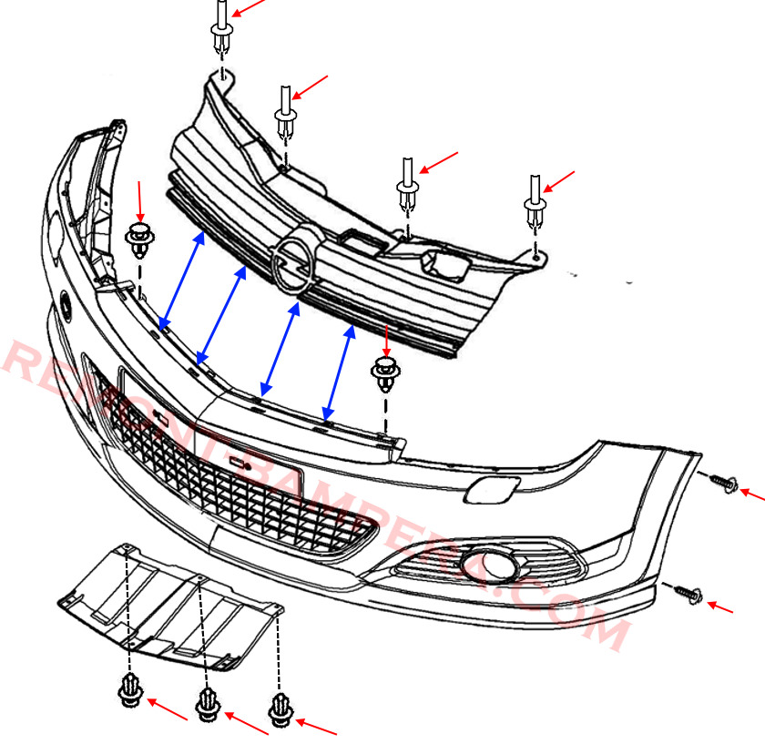 Front bumper mounting diagram Opel Astra H (2004–2014)