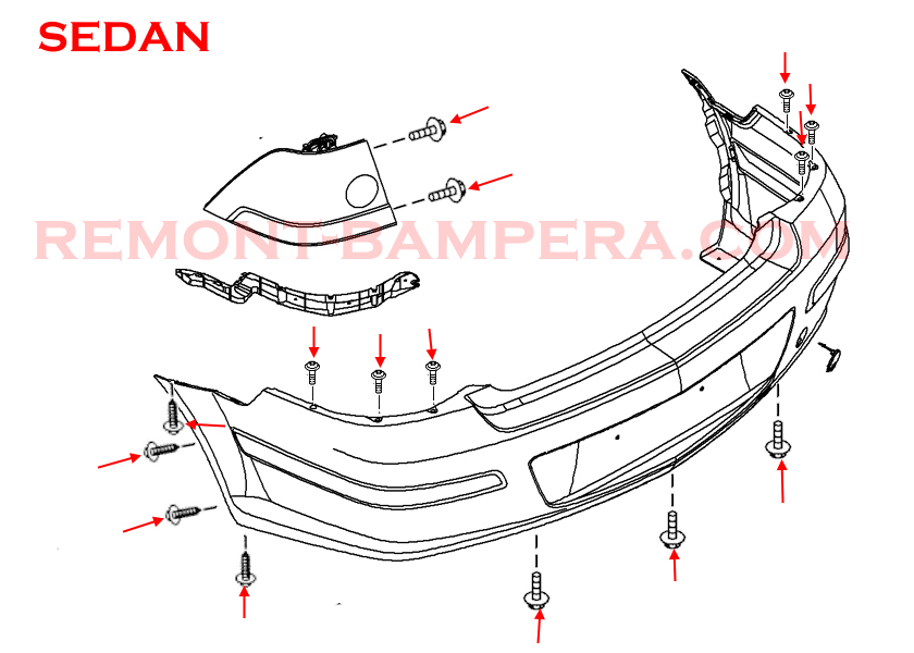 Rear bumper mounting diagram Opel Astra H Sedan (2004–2014)